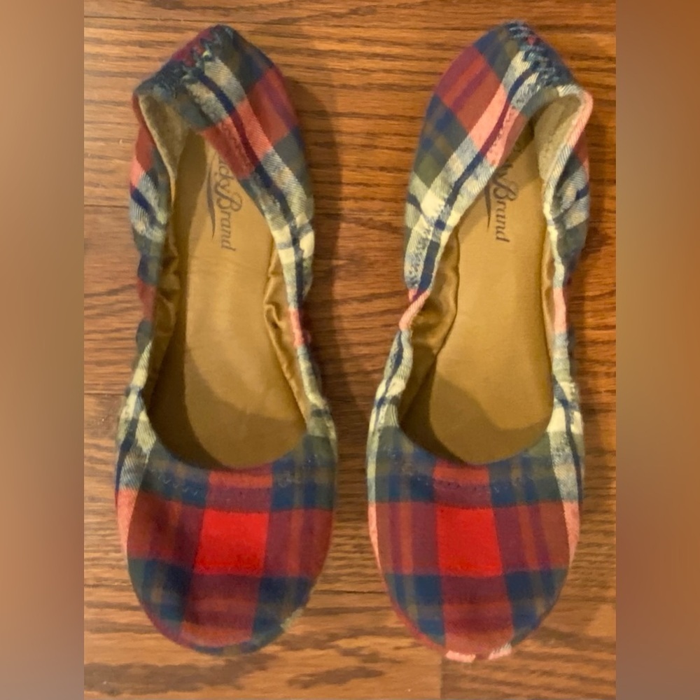 Lucky Brand Fabric Ballet Flats Sz 8.5B Red/Blue Plaid NEW Elastic